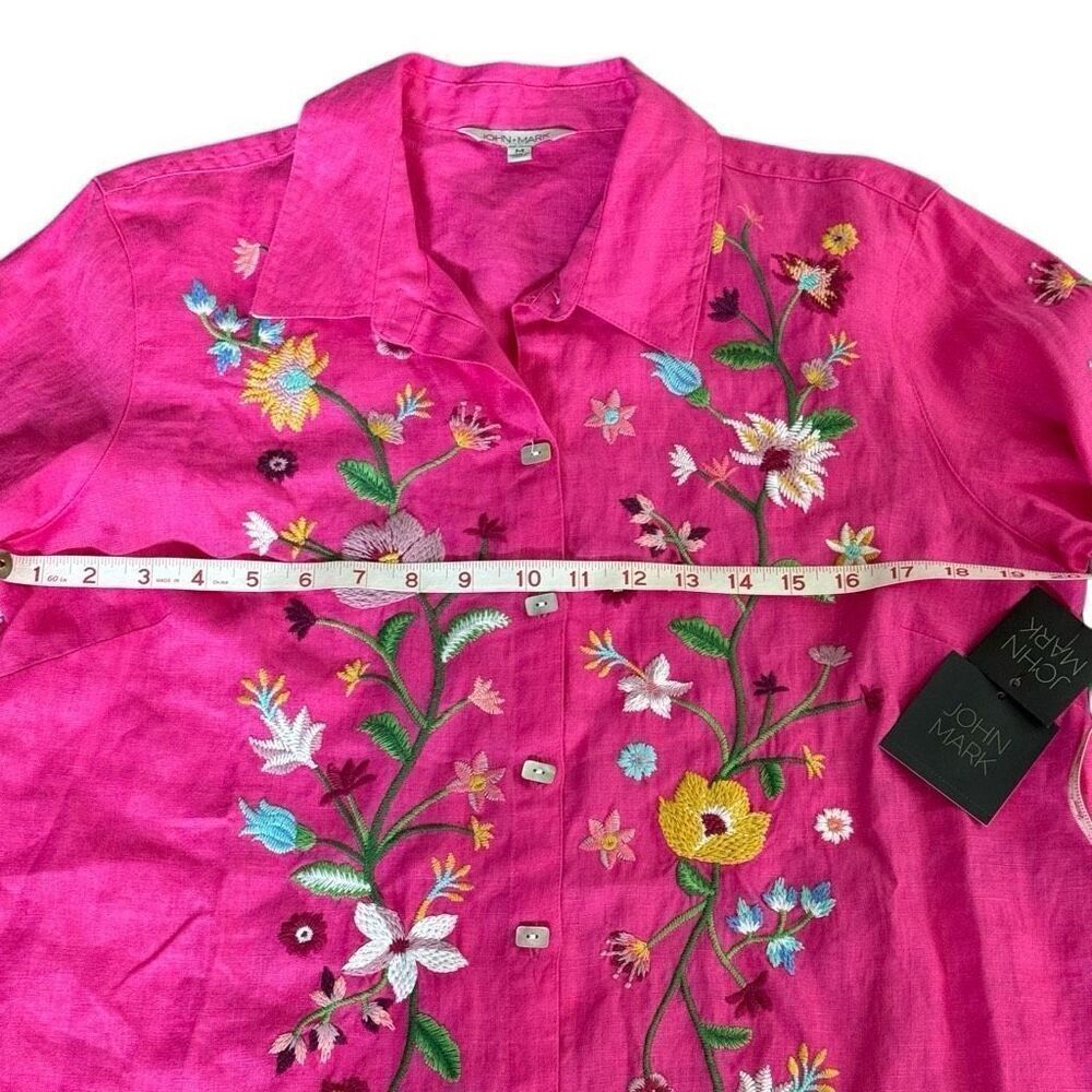John Mark Embroidered Floral Linen Shirt 3/4 Sleeve Pink Multi Spring Summer New - Picture 7 of 12